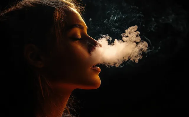 Side profile of a woman with closed eyes exhaling a dense smoke cloud against a dark background.