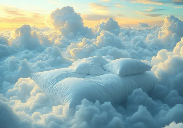 Floating bed and pillows drift through sunrise clouds with glowing warm horizon light
