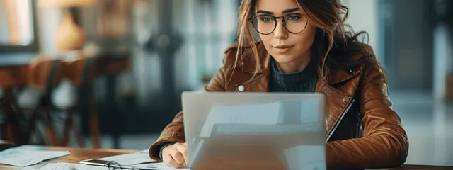 Young woman in brown leather jacket typing on laptop at desk
