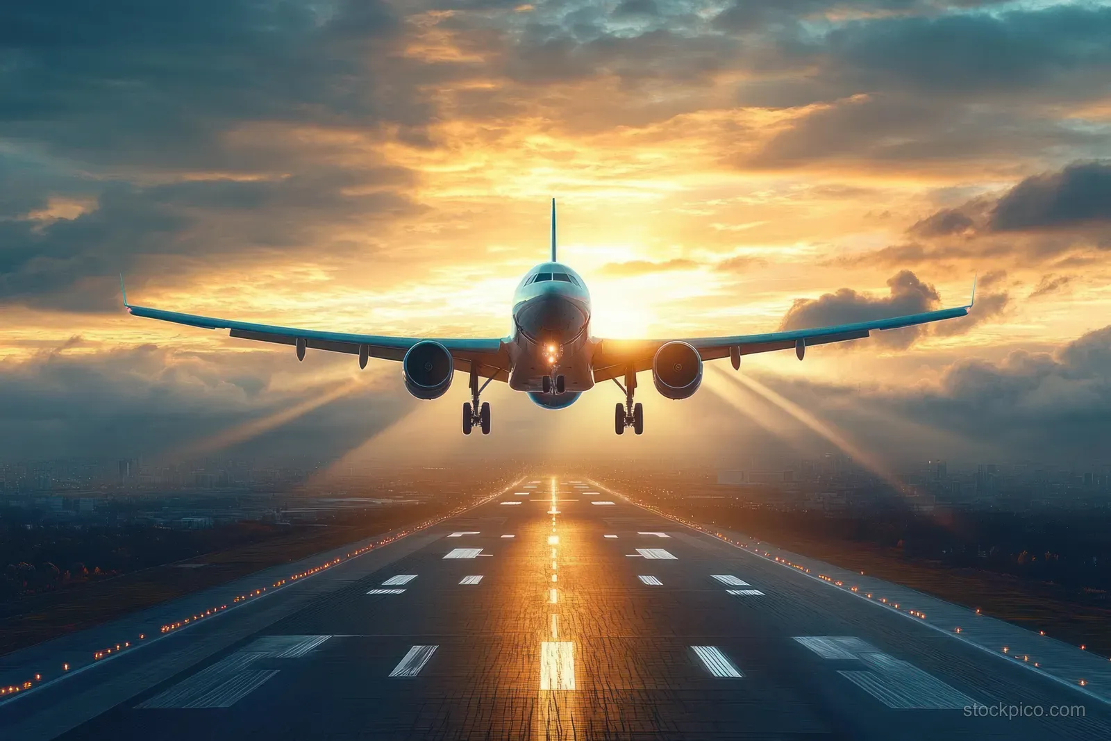 Commercial jet descends toward a lit runway under a glowing sunset and cloudy sky.
