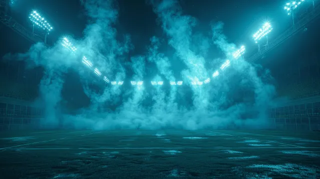Blue stadium floodlights shine beams through thick smoke above an empty arena floor at night.