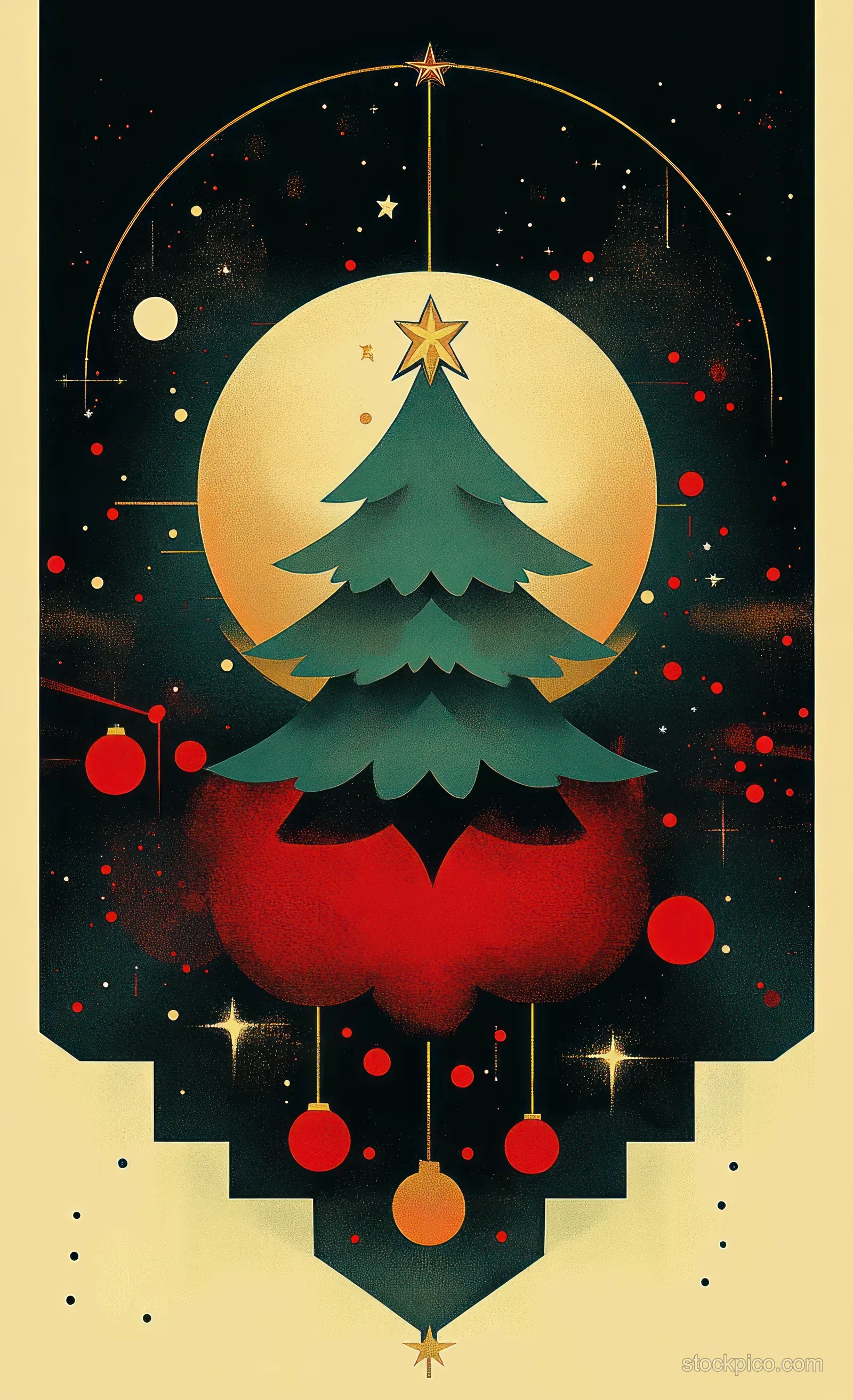 Abstract Christmas tree with a gold star topper surrounded by hanging red ornaments over a starry cosmic background.