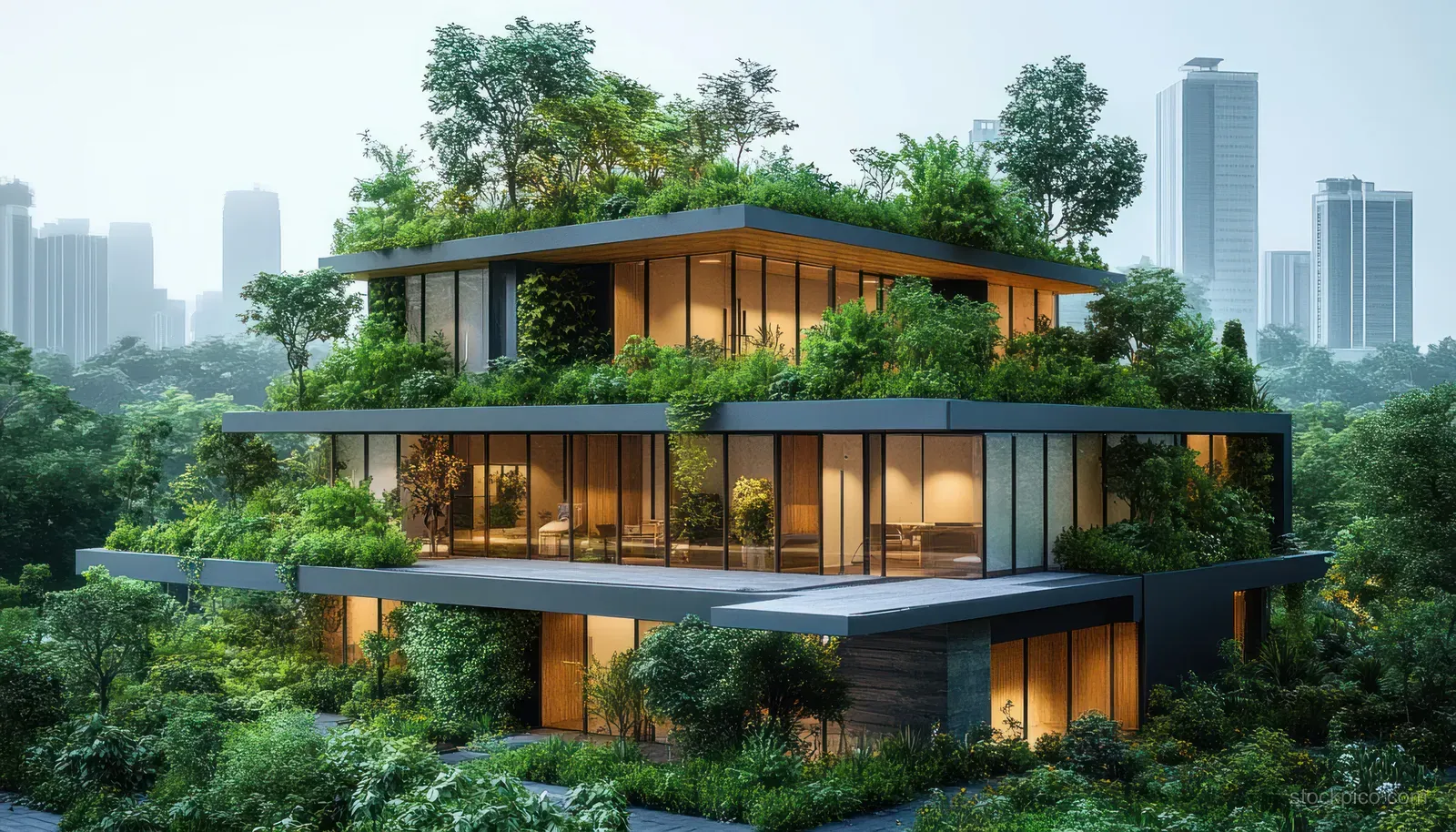 Green terraced building model with landscaped greenery and rooftop solar panels overlaid on faint architectural blueprints.
