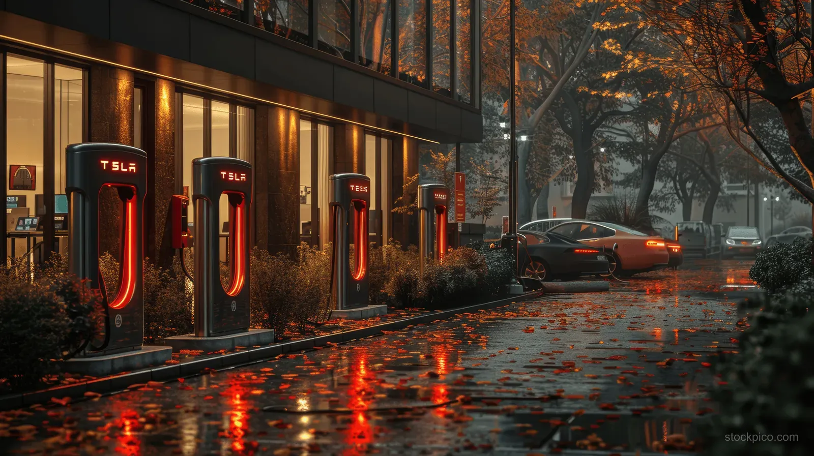 Electric cars charge beside glowing stations outside an office building on a rainy street.
