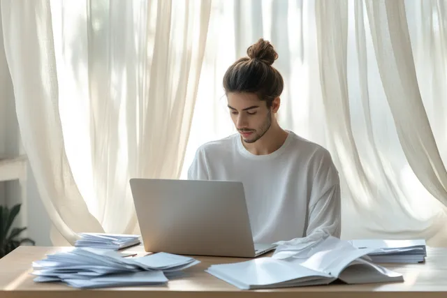 A woman reviewing business documents on a laptop at a desk with stacks of papers in a bright room.