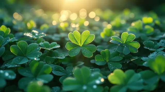 Closeup of shamrocks and clovers in a spring meadow with warm golden bokeh background.