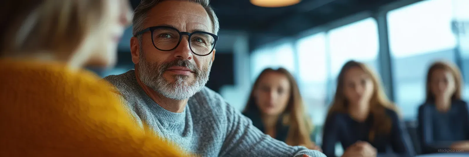 A middle-aged man with gray beard and glasses listens during a team discussion while colleagues appear blurred behind him.
