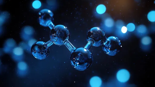 Shiny blue molecular model with connected spheres hovering over glowing dark bokeh background