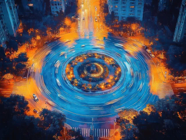Aerial view shows a nighttime roundabout with circular vehicle light trails around a tree-lined central island.