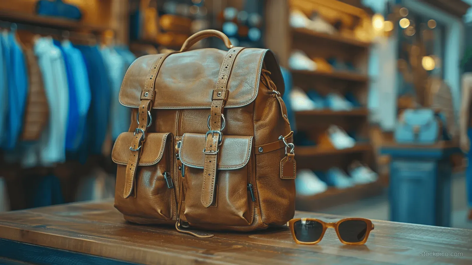 Beige leather backpack on a fashion boutique counter with sunglasses beside it and clothing racks blurred behind.
