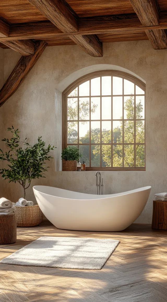 Sunlit Mediterranean bathroom with a freestanding bathtub, neatly folded towels, and a tall arched window.