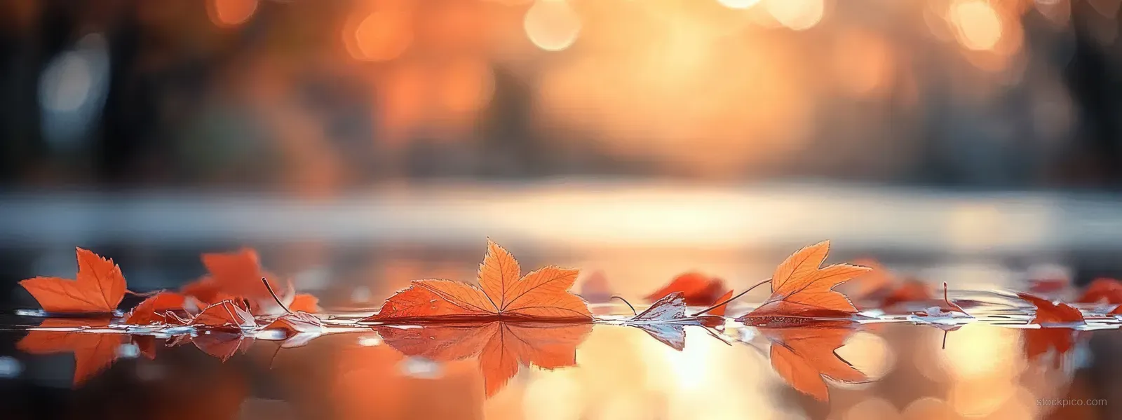 Orange autumn leaves floating on calm water with a warm blurred sunset background.