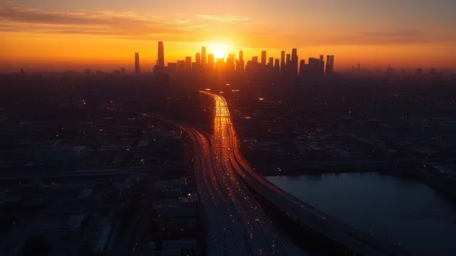 Sunset city skyline glow with busy highway traffic reflecting warm golden light