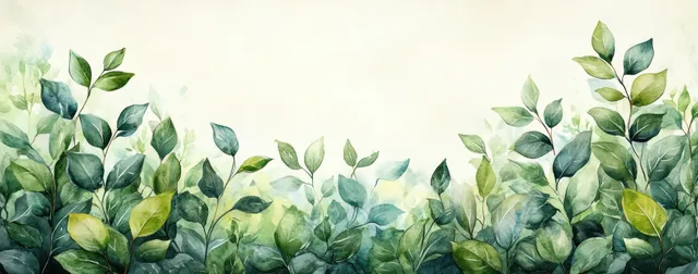 Watercolor greenery frame with layered leaves and soft shadows on a pale background.