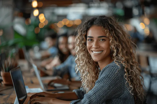 Smiling businesswoman with curly hair working on a laptop in an open office