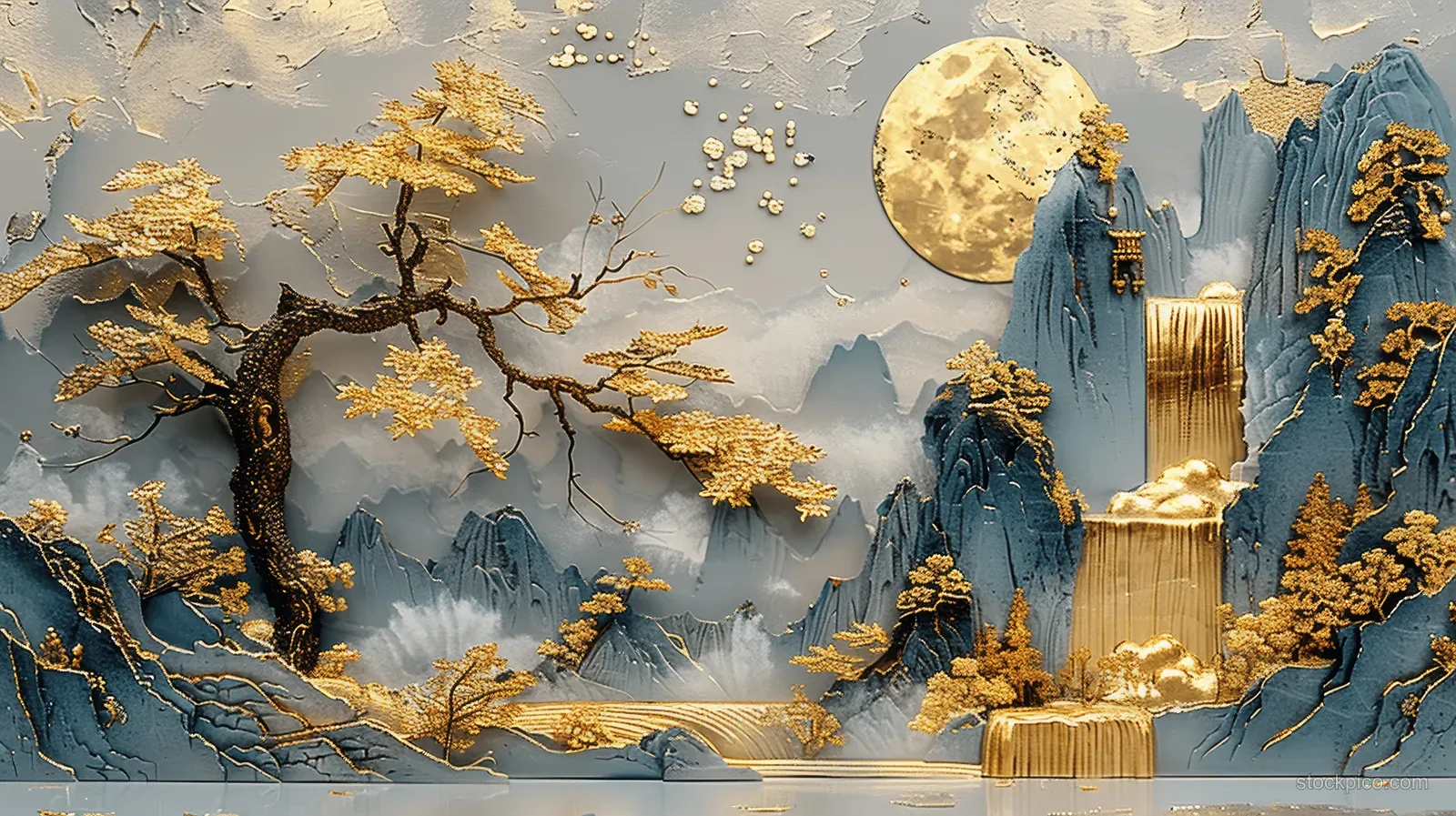 Gold and silver mountain relief depicts pine trees, a waterfall, a bright moon, and falling cherry blossoms.