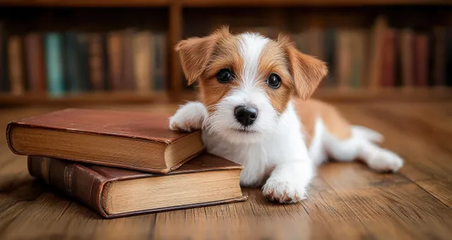 Small brown and white puppy resting its paw on stacked old books on a wooden library floor.