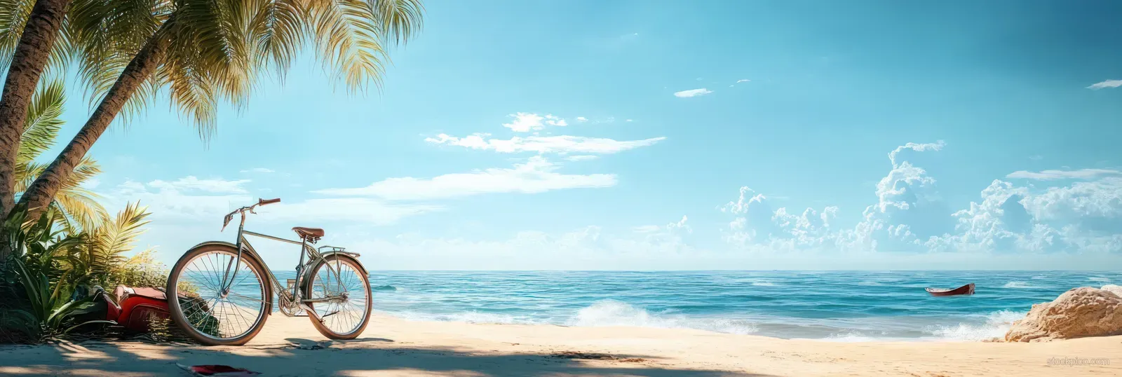 Vintage bicycle parked on a sandy tropical beach beside a surfboard with palm trees and ocean waves.