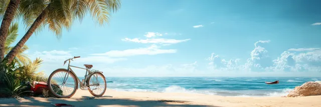 Vintage bicycle parked on tropical beach near palm trees and surfboard