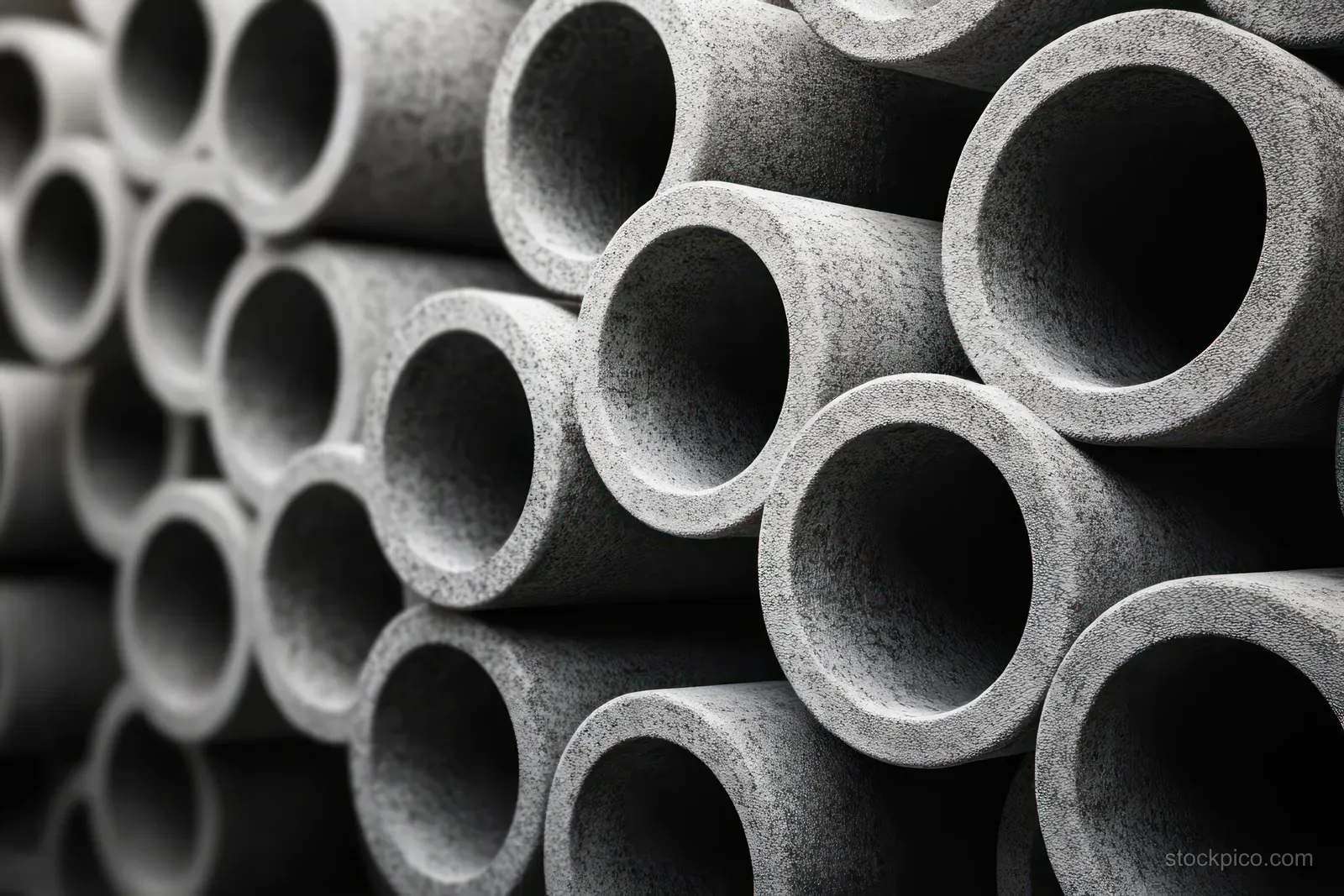 Stacked gray concrete cylindrical pipes showing rough textured surfaces and open hollow ends in repeating rows.