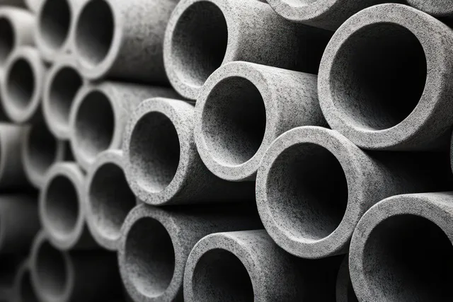 Stacked gray concrete cylindrical pipes showing rough textured surfaces and open hollow ends in repeating rows.