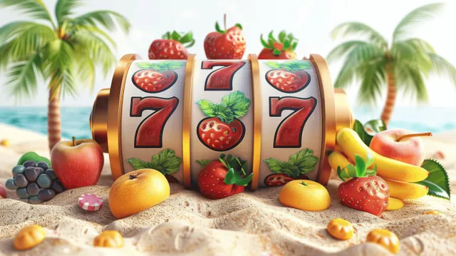 3D slot machine with large 7 symbols on sand with palm trees, tropical fruit, and coins nearby.