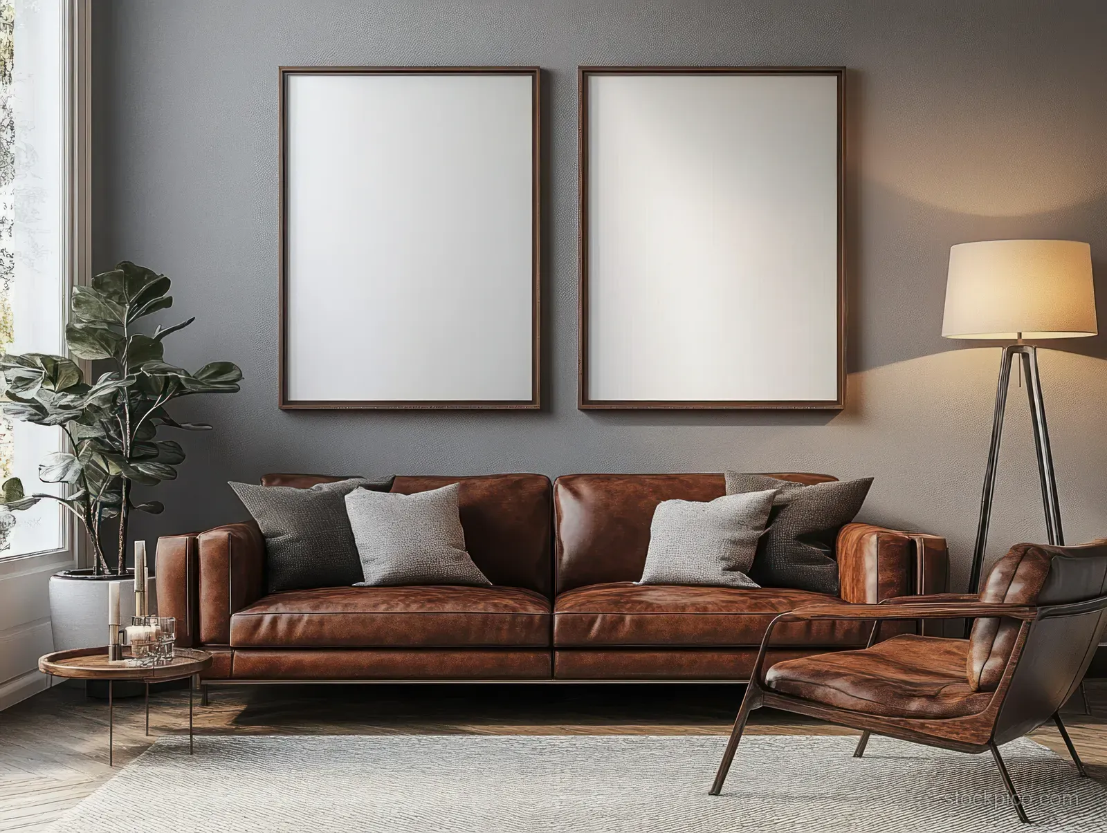 Brown leather sofa with gray and white pillows sits beneath two blank frames in a warm lit modern living room.