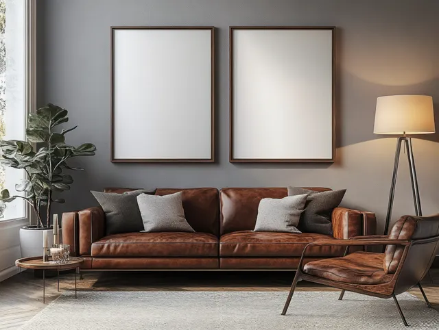 Brown leather sofa with gray and white pillows sits beneath two blank frames in a warm lit modern living room.