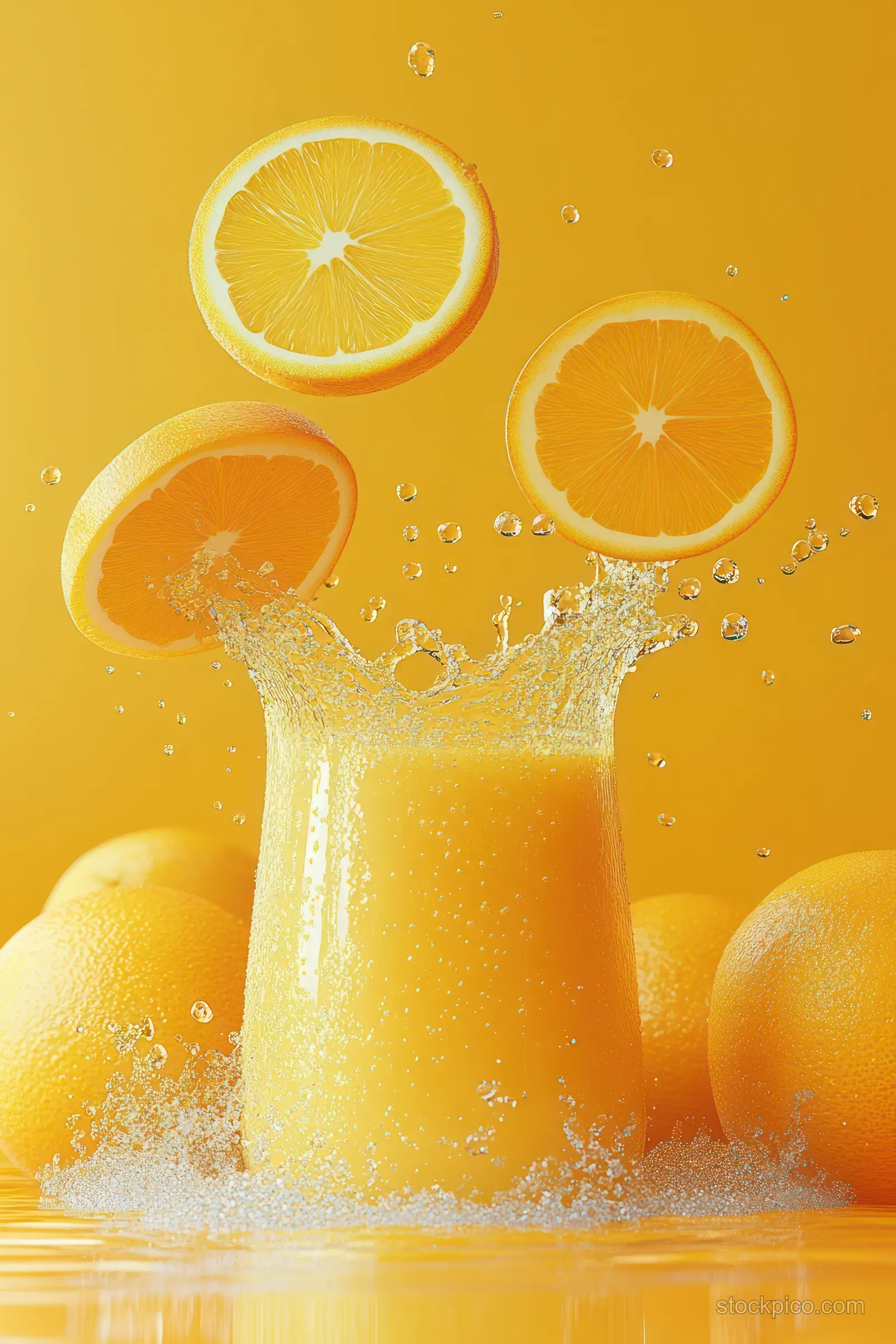 Orange juice splashes upward with floating orange slices over a bright yellow background.