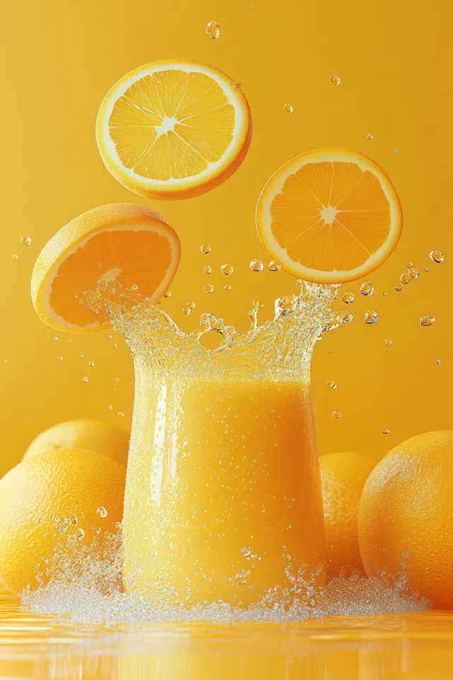 Orange juice splashing upward with floating orange slices on a bright yellow background