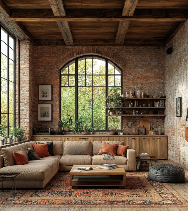 Cozy sectional sofa and wooden coffee table sit in a rustic industrial loft beside arched brick windows.