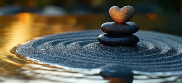 A heart-shaped zen stone balances on stacked rocks beside gentle sand ripples.