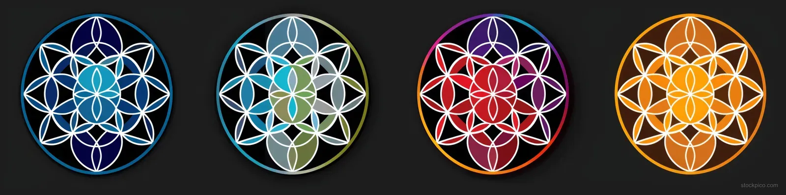 Four Flower of Life geometric symbols with black outlines and varied colors on a dark background.