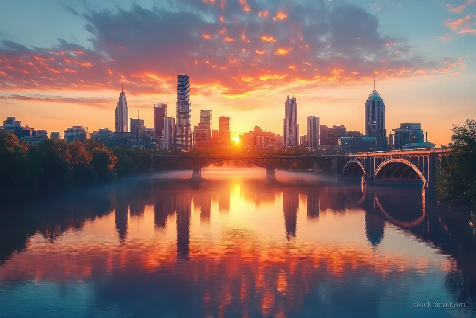 Minneapolis skyline and bridge over the Mississippi River at golden-hour twilight with orange reflections.
