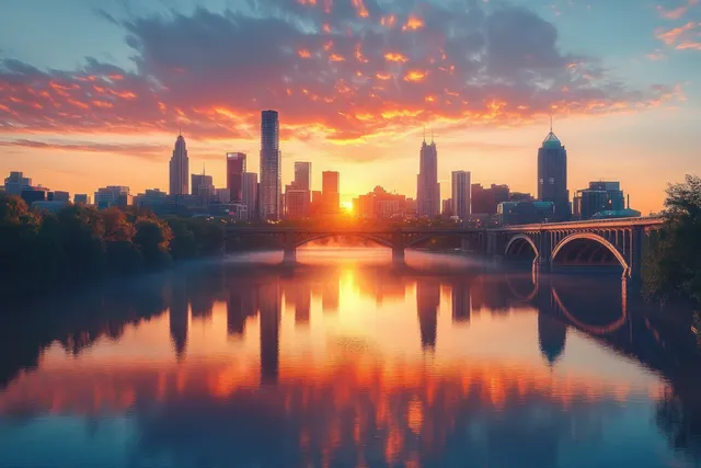 Minneapolis skyline and bridge over the Mississippi River at golden-hour twilight with orange reflections.