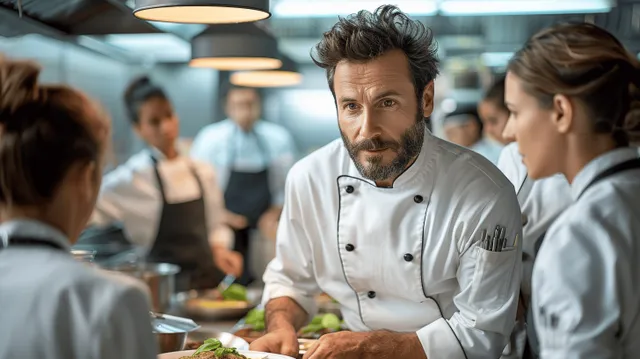 Chef mentors young cooks in a restaurant kitchen, slicing vegetables at stainless prep station