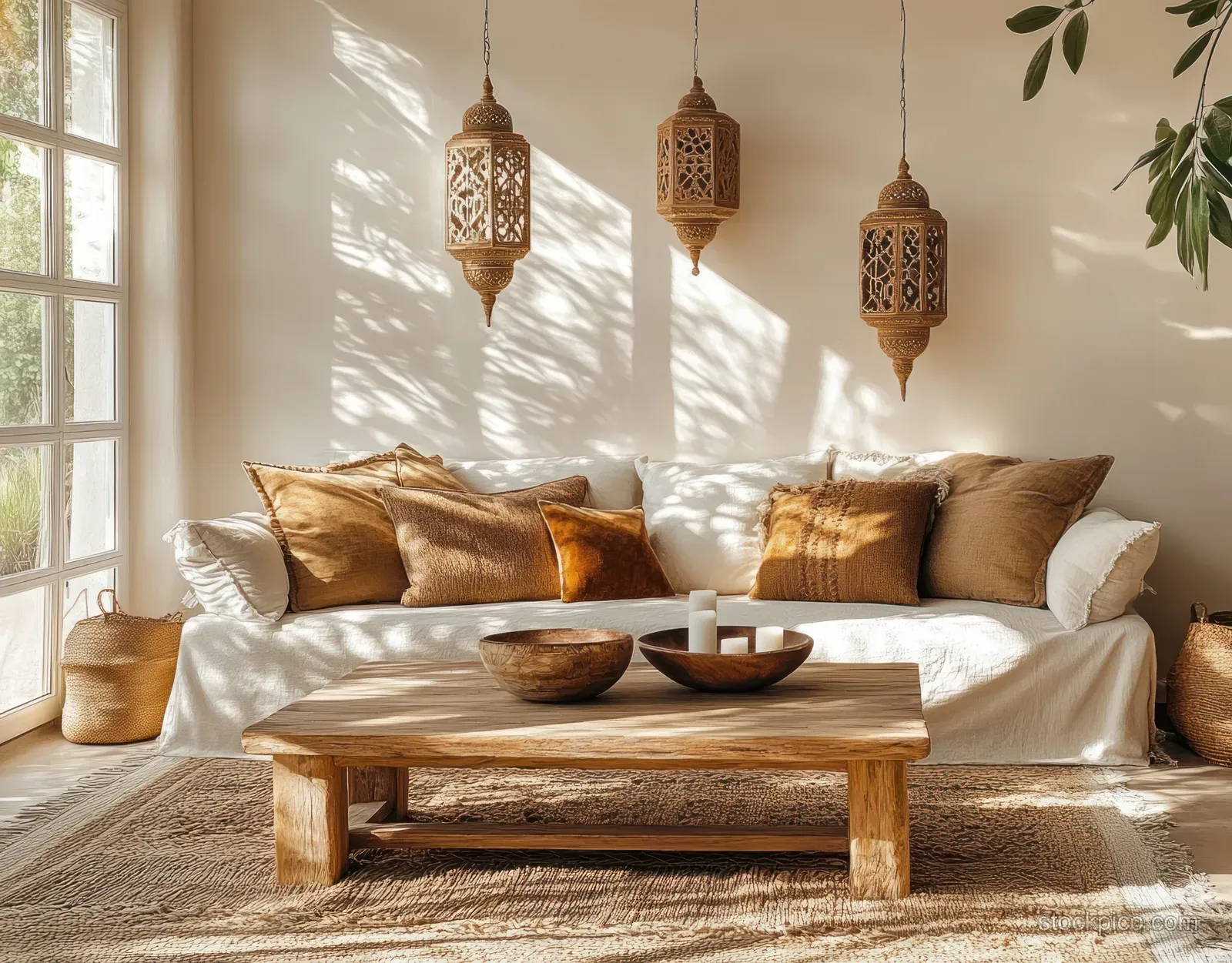 White sofa with brown pillows beside a wooden coffee table and hanging lanterns under window light.