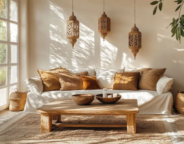 White sofa with brown pillows beside a wooden coffee table and hanging lanterns under window light.