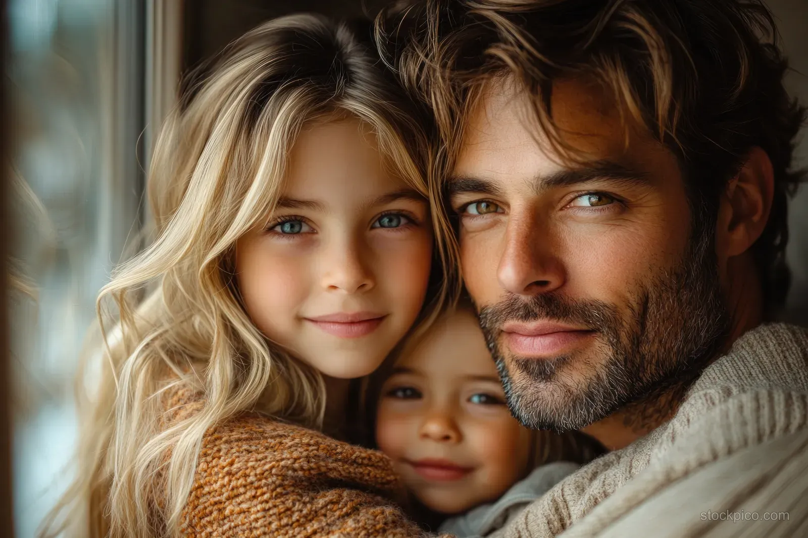 A smiling father and daughter pack for a vacation beside open suitcases in a cozy bedroom.