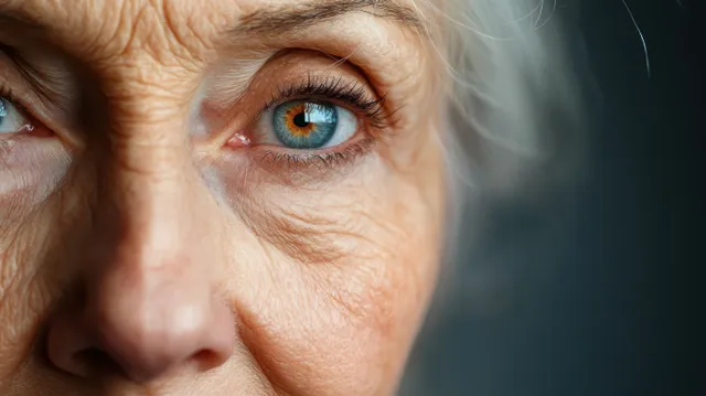 Close-up elderly woman portrait smiling, blue eyes and grey hair with natural light