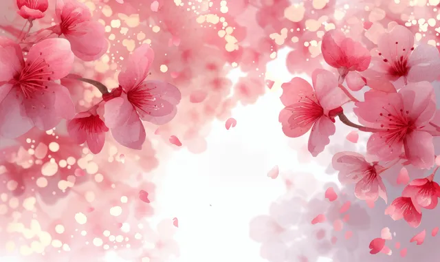 Pink watercolor sakura blossoms and floating petals arranged around a blank pale background.