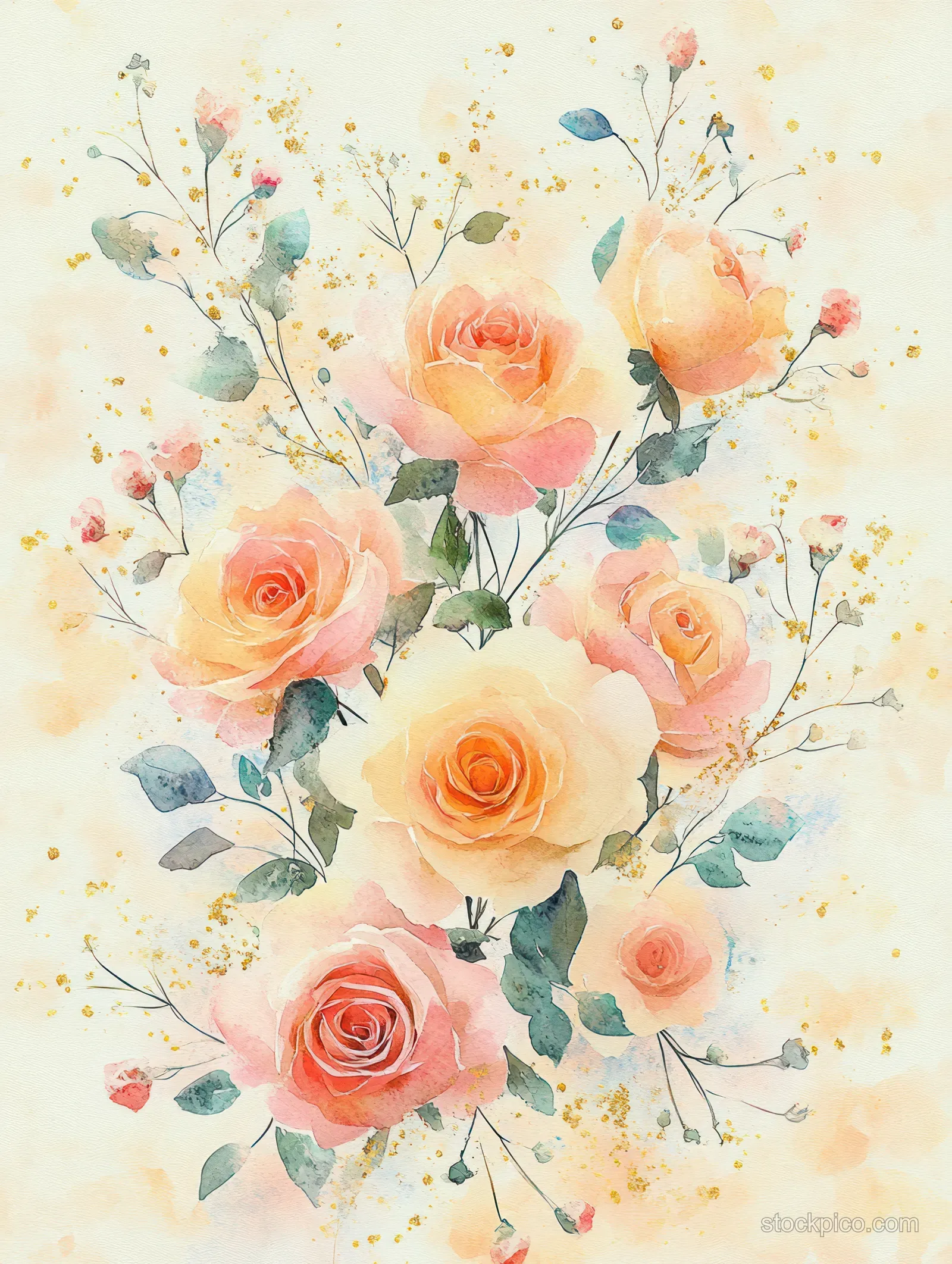 Watercolor illustration of peach and pink roses with green leaves and small buds on a pale cream background.