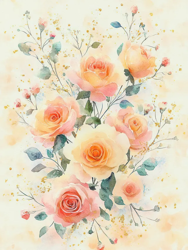 Watercolor illustration of peach and pink roses with green leaves and small buds on a pale cream background.