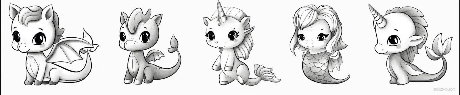 Black-and-white outline coloring sheet with unicorn, dragon, mermaid, dinosaur, and fairy characters facing left.