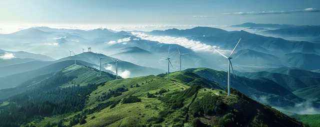 Aerial view of wind turbines spinning on a mountain ridge in misty valleys