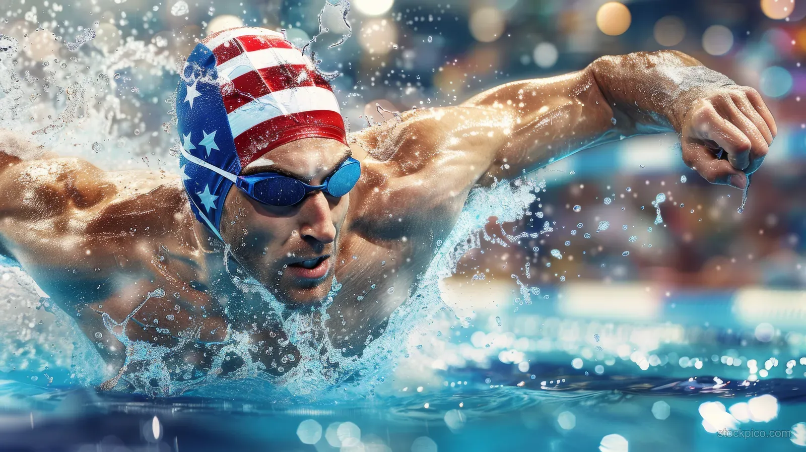 Male freestyle swimmer splashes through the water in a pool race lane wearing a USA-themed cap.