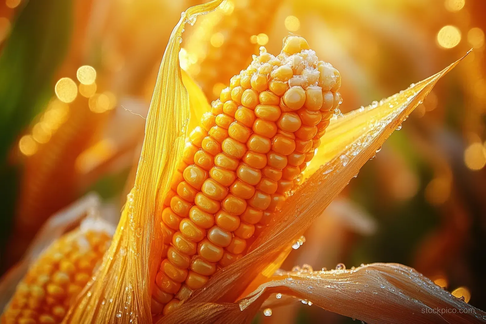 Close-up of sweet corn kernels on a cob glowing in warm sunlight with soft background bokeh.