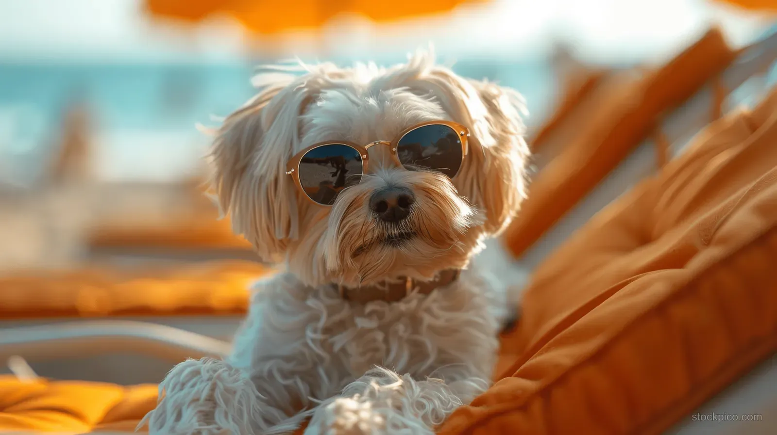 White Havanese dog wearing sunglasses lounging on a beach chair under umbrella shade near the ocean.
