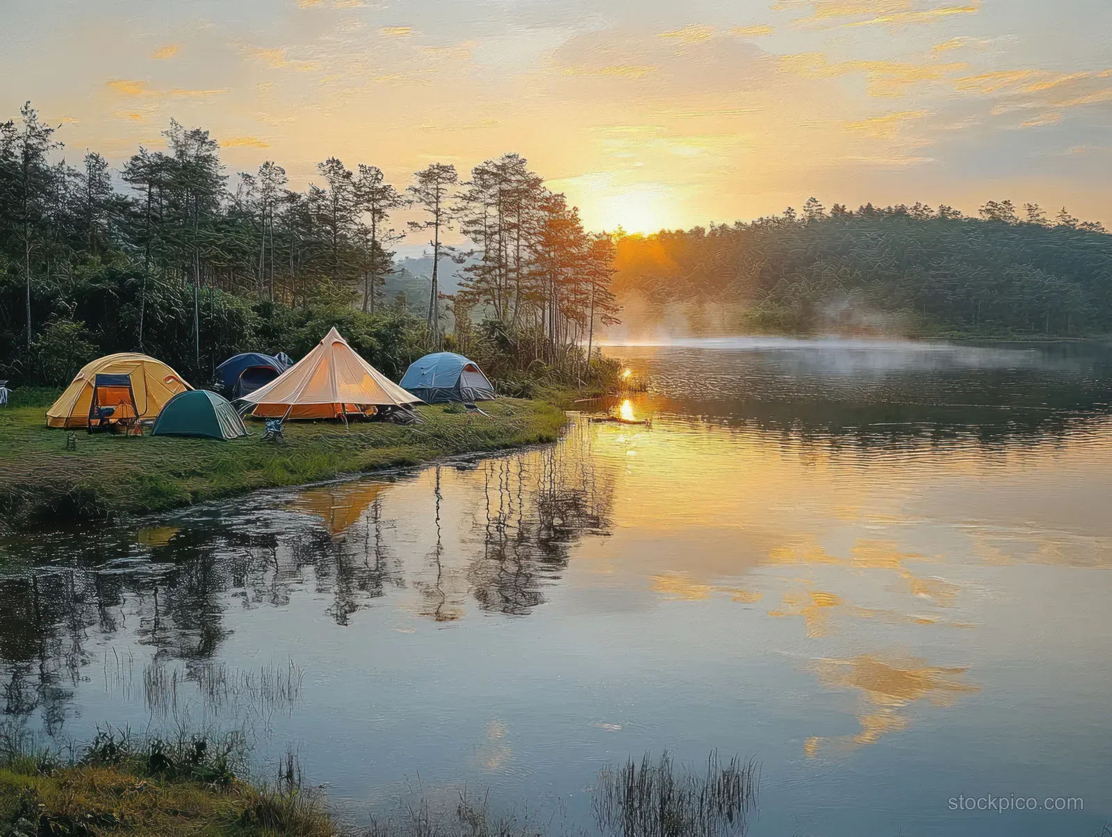 Camping tents sit beside Sermo Lake with sunrise reflections and light morning mist over the water.