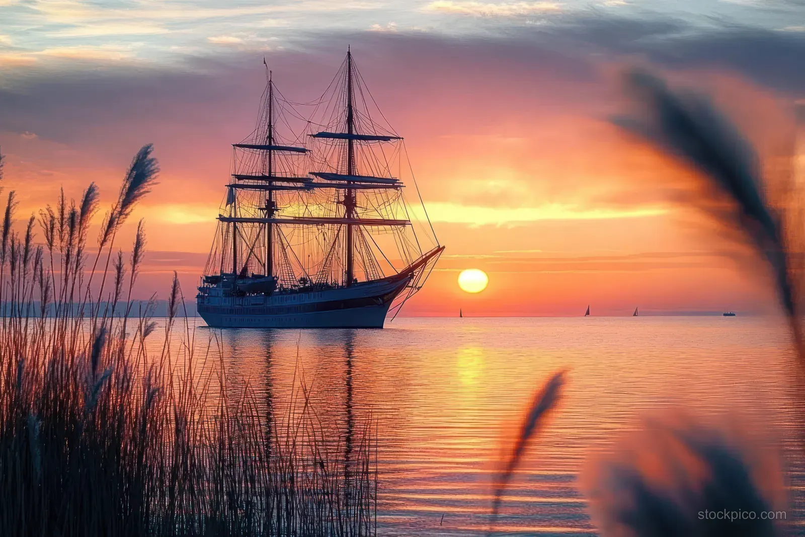 Three-masted sailboat anchored on calm water at sunset with orange and purple sky and silhouetted reeds foreground.